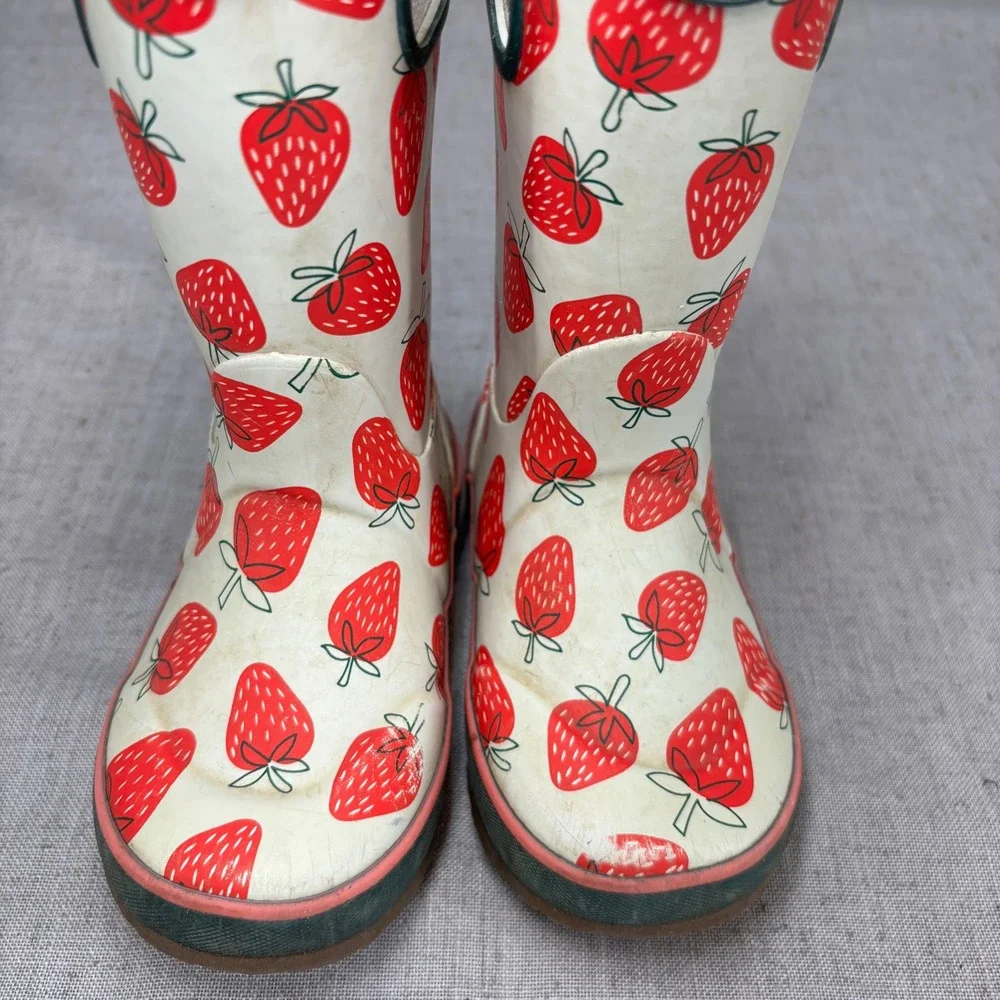Bogs Kids Strawberry Rain Boots White Red Green Waterproof Pull On Size 8